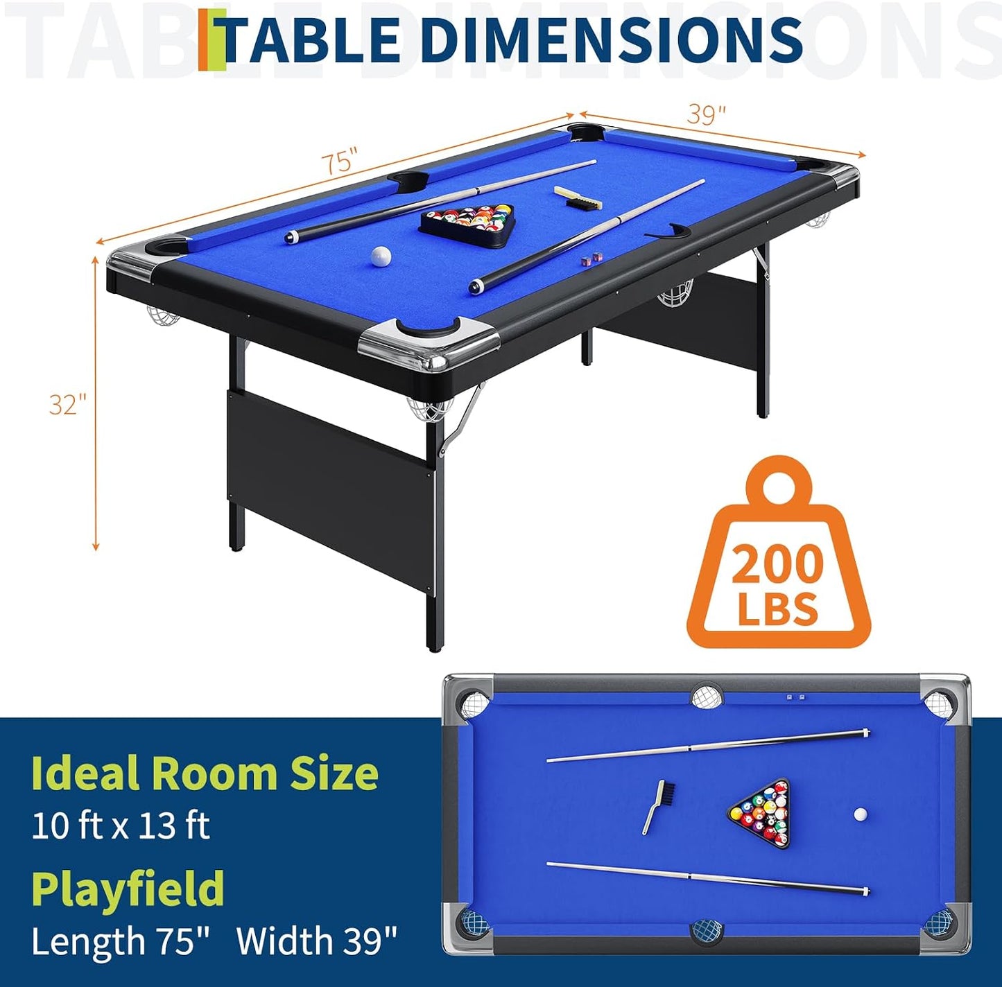 6 or 7 Ft Billiards Table, Portable Billiards Tables, Pool Tables for Full Size, Pool Table Set for Family Game Room, Adult Rrec Room, Basements, Man Cave or Garage — product view 3