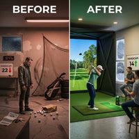 Golf Simulator Enclosure Designed for Home Practice, 8X8 Ft, Tool-Free Setup, HD Impact Screen, Heavy Duty Frame — Before & After